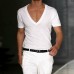 Men's Basic White Deep V-Neck Cotton Short Sleeve T-Shirt