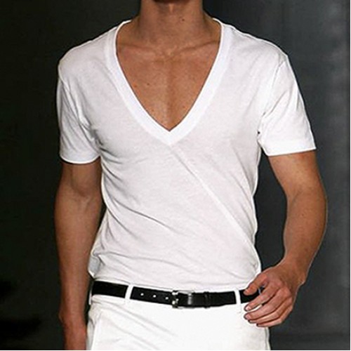 Men's Basic White Deep V-Neck Cotton Short Sleeve T-Shirt