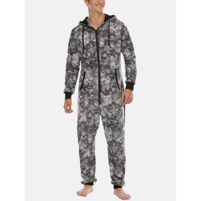 Mens Tie Dye Hooded Jumpsuits Home Fleece Plush Sleepwear With Pocket