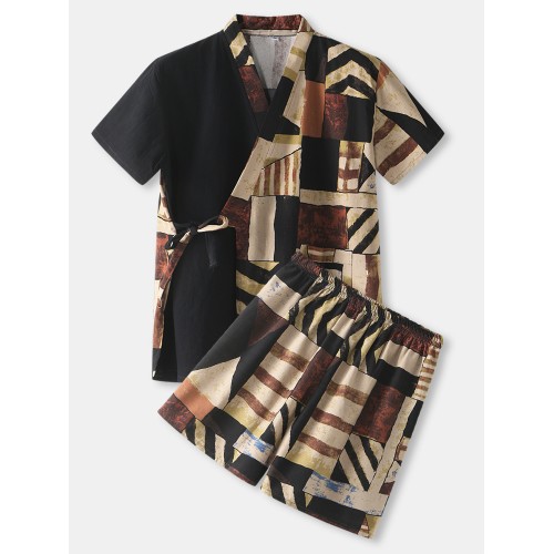 Mens Abstract Print Patchwork V  Neck Pocket Pajamas Sauna Suit