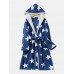 Mens Thick Star Print Home Sashes Plush Warm Hooded Sleepwear Robes With Pocket