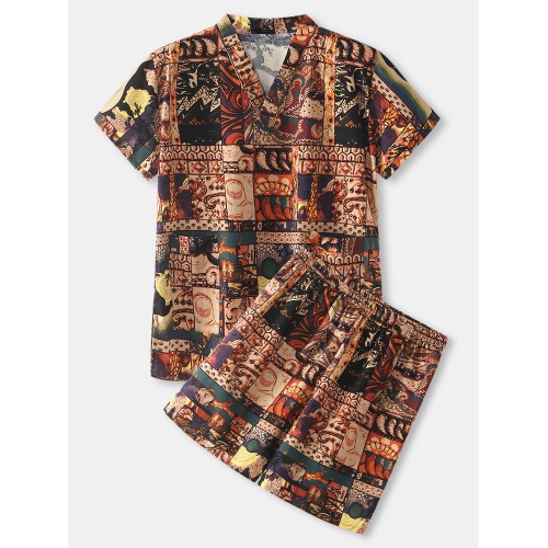 Mens Abstract Print V  Neck Short Sleeve Top Home Pajamas Sauna Sweating Suit