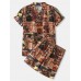 Mens Abstract Print V  Neck Short Sleeve Top Home Pajamas Sauna Sweating Suit