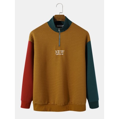 Men Corduroy Patchwork Contrast Color Letter Stand Collar Letter Pullover Sweatshirt