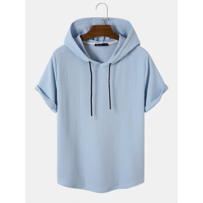 Mens Textured Solid Color Short Sleeve Drawstring Hooded T  Shirts