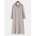 Men Striped Half Buttons Hooded Casual Calf Length Loose Night Robe